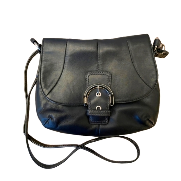COACH Small Black Soft Leather Saddle Crossbody Bag Buckle Flap - Picture 1 of 12